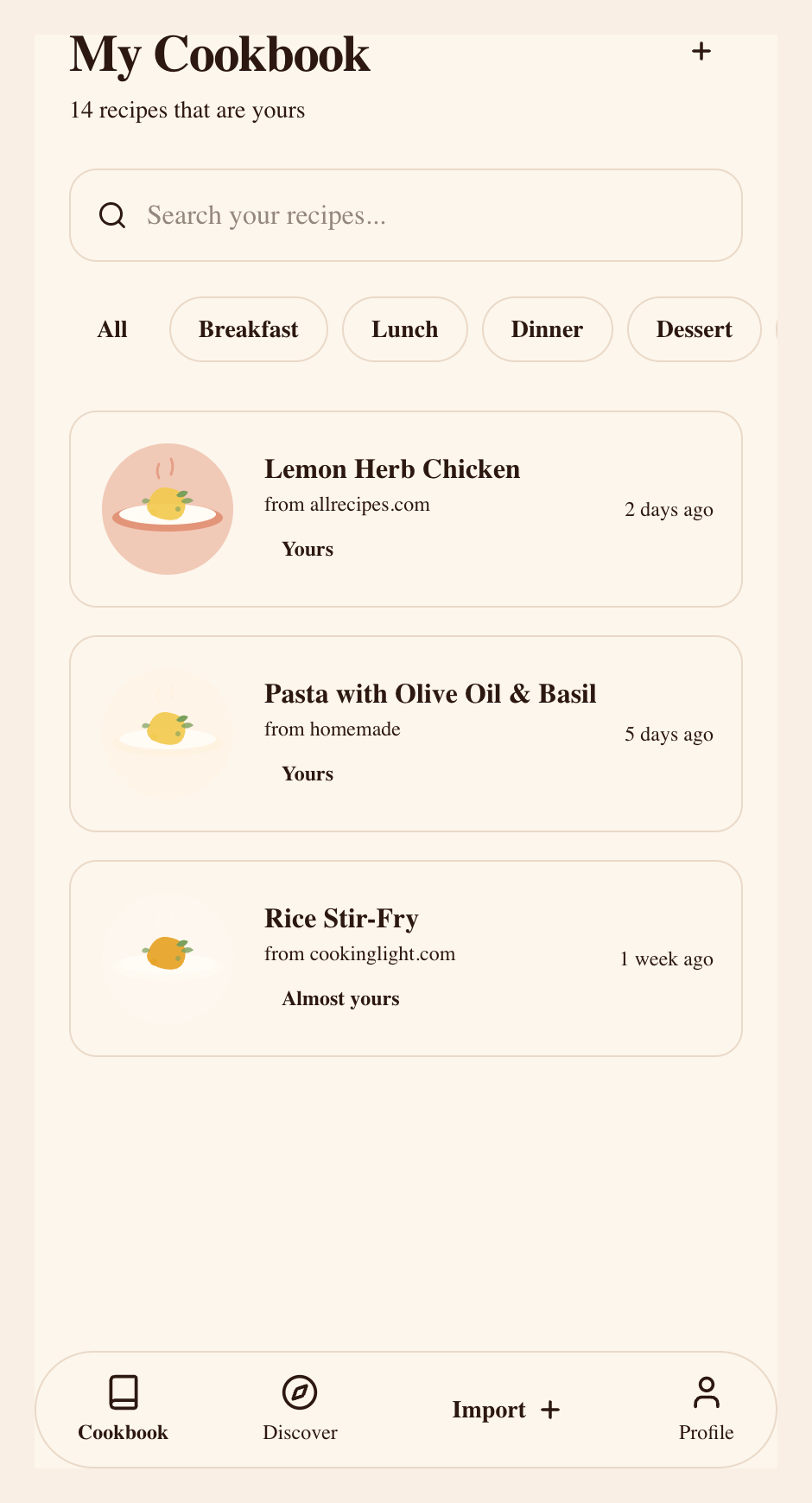 My Cookbook screen
