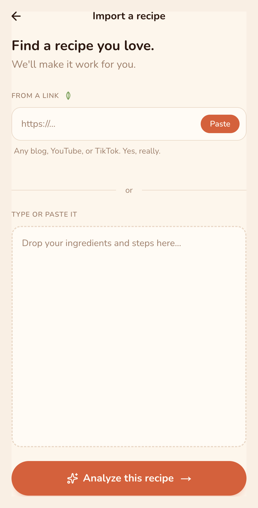 Import a recipe screen