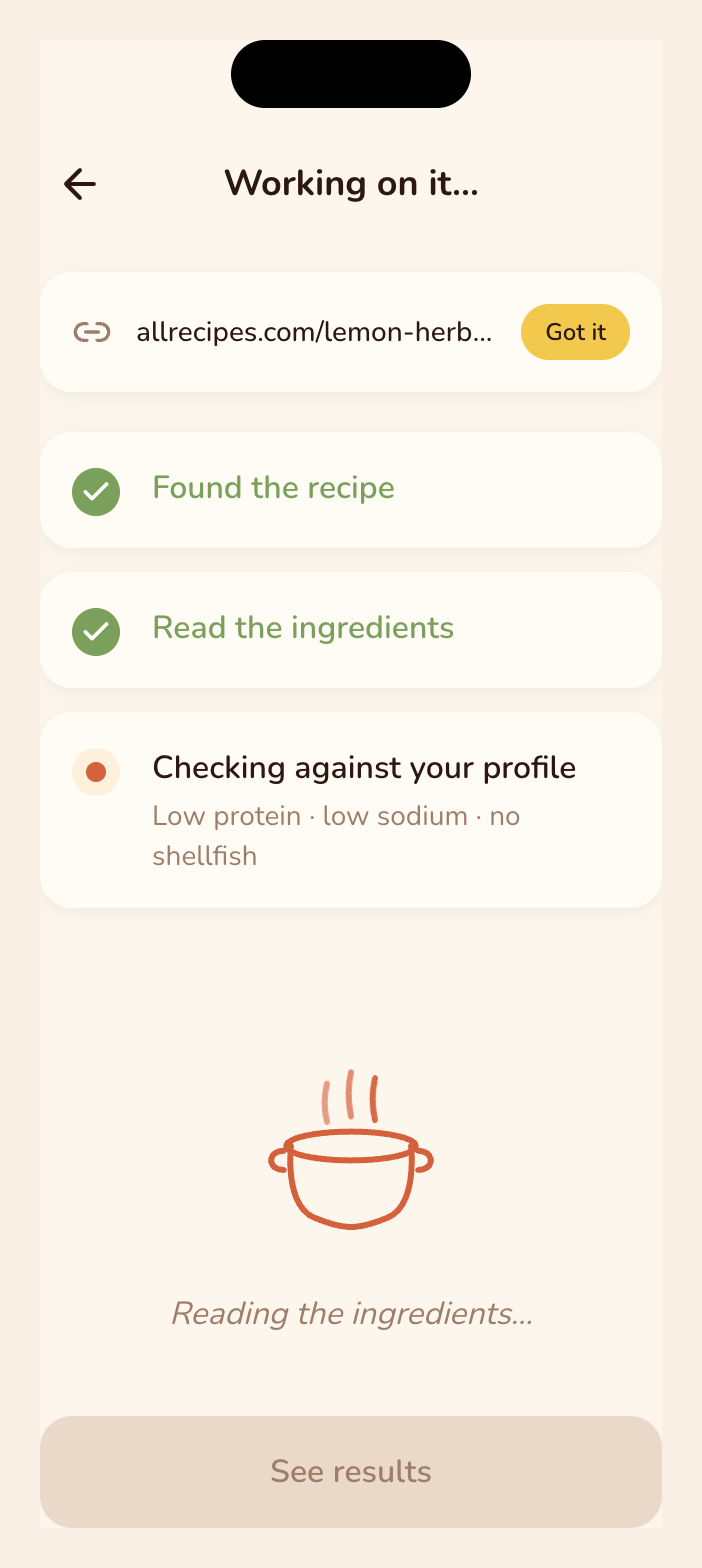 Analyzing recipe screen